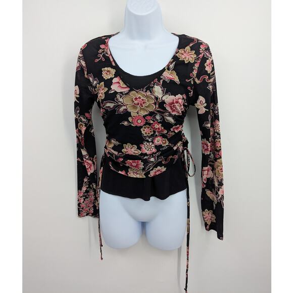 VTG Cherry Blossom 90s Asian Mesh Wrap Top Sheer Ruched Grunge Fairycore Sz M - Picture 5 of 5